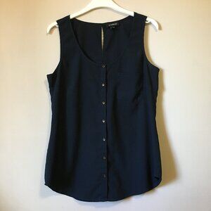 Le Chateau Dark Navy Blue Chiffon Metallic Button Up Tank Small Office Siren